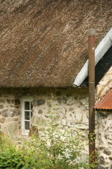 Corner detail of thatched roof with lead flashing; East Cottage, Nether Tullicro.