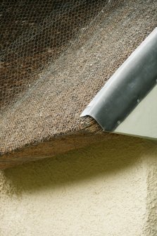 Detail of thatched roof to show netting and lead flashing; Kirkton Cottage, Fortingall.