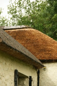 Detail of adjoining cottage roofs showing variations in thatch; West End Cottage, Rait.