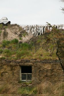 Detail showing vegetation growth and generally poor state of roofing; Melvaig, cottage.