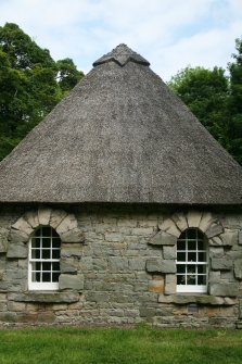 Detail of cottage showing thatch and gable end; Hopetoun House Estate.