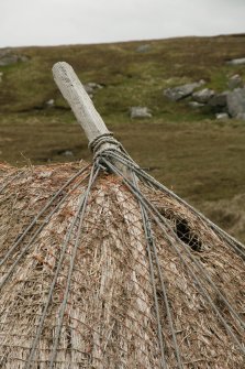 Detail of netted and tied thatch at ridge;  Horizontal Click Mill, South Shawbost, Lewis.