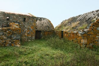 View of ruinous formerly thatched farm buidings; Baile, Berneray.