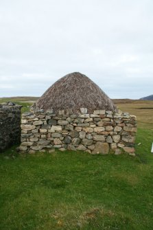 Rear view of roof with stone weights; 9 Locheport, North Uist.
