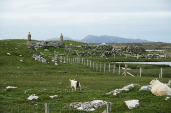 View of ruined,roofless shell, formerly 19th century thatched cottage; 24 Claddach Baleshare North Uist.