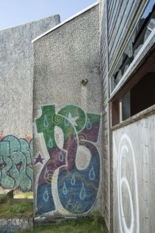 Accommodation block. View of graffiti art from south. (?)
