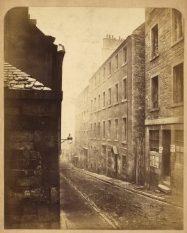 View of houses on east side of Horse Wynd, Edinburgh, prior to demolition.