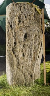 View of pictish symbol stone (with scale).