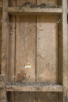 South mill. Ground floor. Byre. Detail of graffiti on south wall.