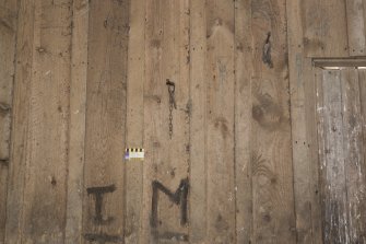 South mill. Ground floor. Stable. Detail of graffiti on north wall.