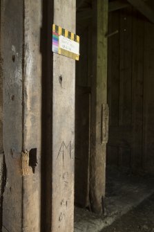 South mill. Ground floor. Detail of Graffiti on west door jamb.