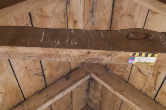 South mill. First floor. Hay loft. Detail of graffiti on underside of 5th rafter.