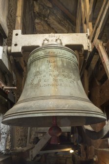 Detail of bell. Inscribed"Recast by Peter Coats Esq, Garthland Place, Paisley, son of Sir Peter Coats of Auchendrane, Ayr"