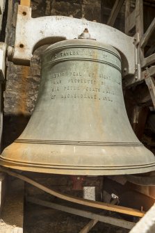 Detail of bell. Inscribed "This peal of eight bells was presented by Sir Peter Coats. Knight of Auchendrane. Ayr"