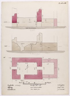 Drawing showing section, elevation and plan of St Mary's Chapel, Crosskirk.