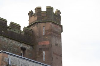 Exterior. Detail of castellated turret taken from the north west.