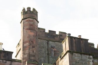 Exterior. Detail of castellated turret taken from the north.