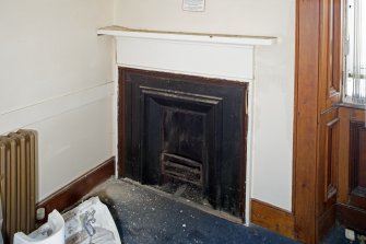 Interior. First floor. Detail of fireplace in west Witness Room.