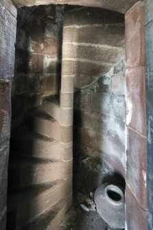 Interior. Second floor. Detail of stone spiral staircase.