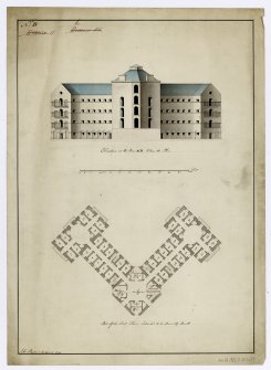 Folio 1. 10. Calton Jail, Bridewell. Plan of the first floor and elevation
Signed: 'John Baxter'