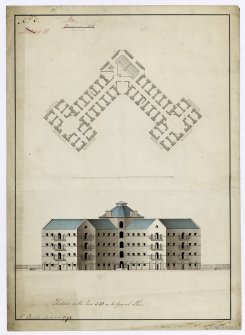 Folio 1. 11. Calton Jail, Bridewell. 2nd floor plan containing chapel and elevation
Signed: 'John Baxter'