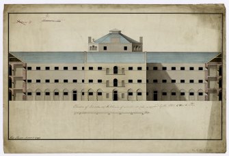 Folio 1. 15. Calton Jail, Bridewell. Elevation of two sides showing work-houses converted into cells
Signed: 'John Baxter'