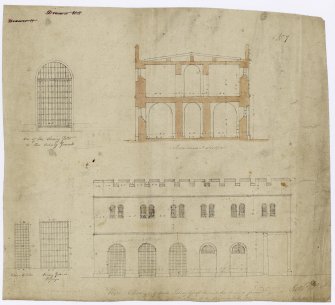W elevation and transverse section of male prison and details of iron gates.