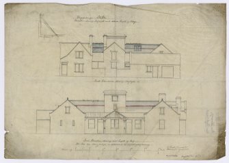 Elevations showing rooflight and altered height of ridge. Back elevation showing rooflights, front elevation showing new height of roof.