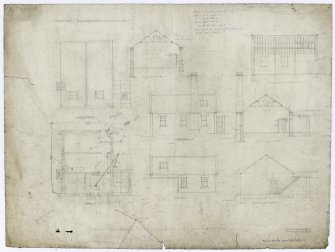 Boiler house, elevations, sections, floor plan, roof plan