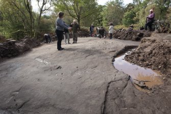 General view of the Cochno Stone during open viewing, taken from the east.