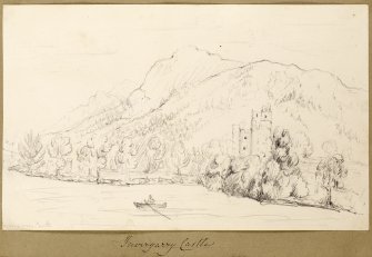 Sketch showing Invergarry Castle with loch and mountains.