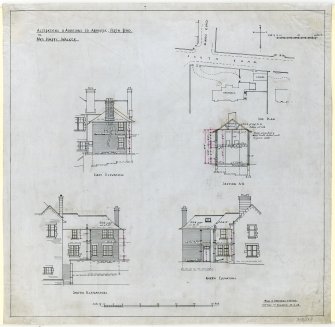 Drawing of elevations, section and site plan, Ardvreck, 516 Perh Road, Dundee showing alterations and additions for Mrs H Walker.