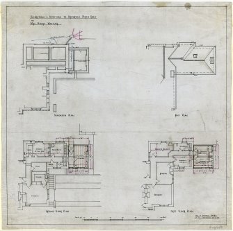 Drawing of foundation, roof, ground and first floor plans, Ardvreck, 516 Perh Road, Dundee showing alterations and additions for Mrs H Walker.