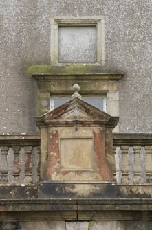 North front, detail of panel above main entrance