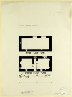 Inked drawing, ground and first floor plans