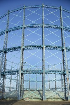 Gasholder no.2, detail of stanchions and cross trusses. The trusses give strength and rigidity to the frame of the holder. This frame guides the 'lifts' of the holder as gas is pumped in and out