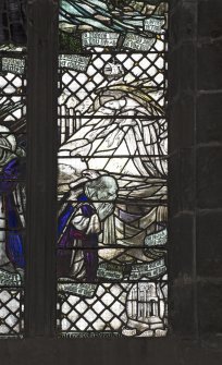 Crossing, north transept, detail of stained glass window on west wall