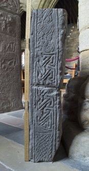 Smaller Pictish slab, view of side with carved patterns (including scale)