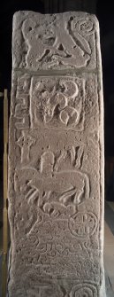 Larger Pictish cross slab, view of rear (composite image), including scale