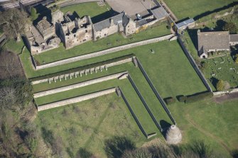 Fife, Aberdour Castle. Oblique aerial view.