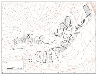 Plan of fermtoun and cultivation remains at Boyken: publication drawing for Inventory of Eastern Dumfriesshire, generated from computer file. Unattributed, [1996].