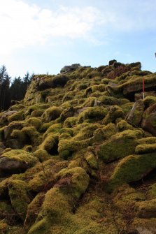 View of the breach in the broch wall and tumbled stones below