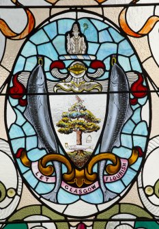 Third floor. Main stair. Detail of stained glass window showing glasgow crest.