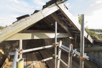 Roof. View of collapsed roof line, east gable, from north west.