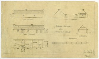 Drawing of plan, elevations and section of shepherd's cottage at Forest of Clunie, Riechip House.