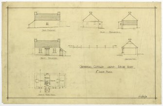 Drawing of ground floor plan, elevations and section of shepherd's cottage above Riechip House.