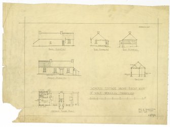 Drawing of ground floor plan, elevations and section of shepherd's cottage above Riechip House.