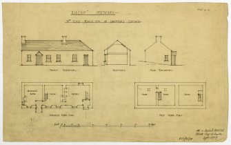 Drawing of plans, elevations and section of chauffeur's cottage, Riechip House.