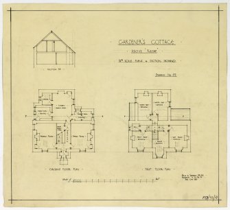 Drawing of plans and section of gardener's cottage above Riechip House.