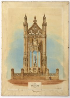 A watercolour and pencil elevation of a design for the Sir Walter Scott Monument, Edinburgh (1836) by J Henderson.